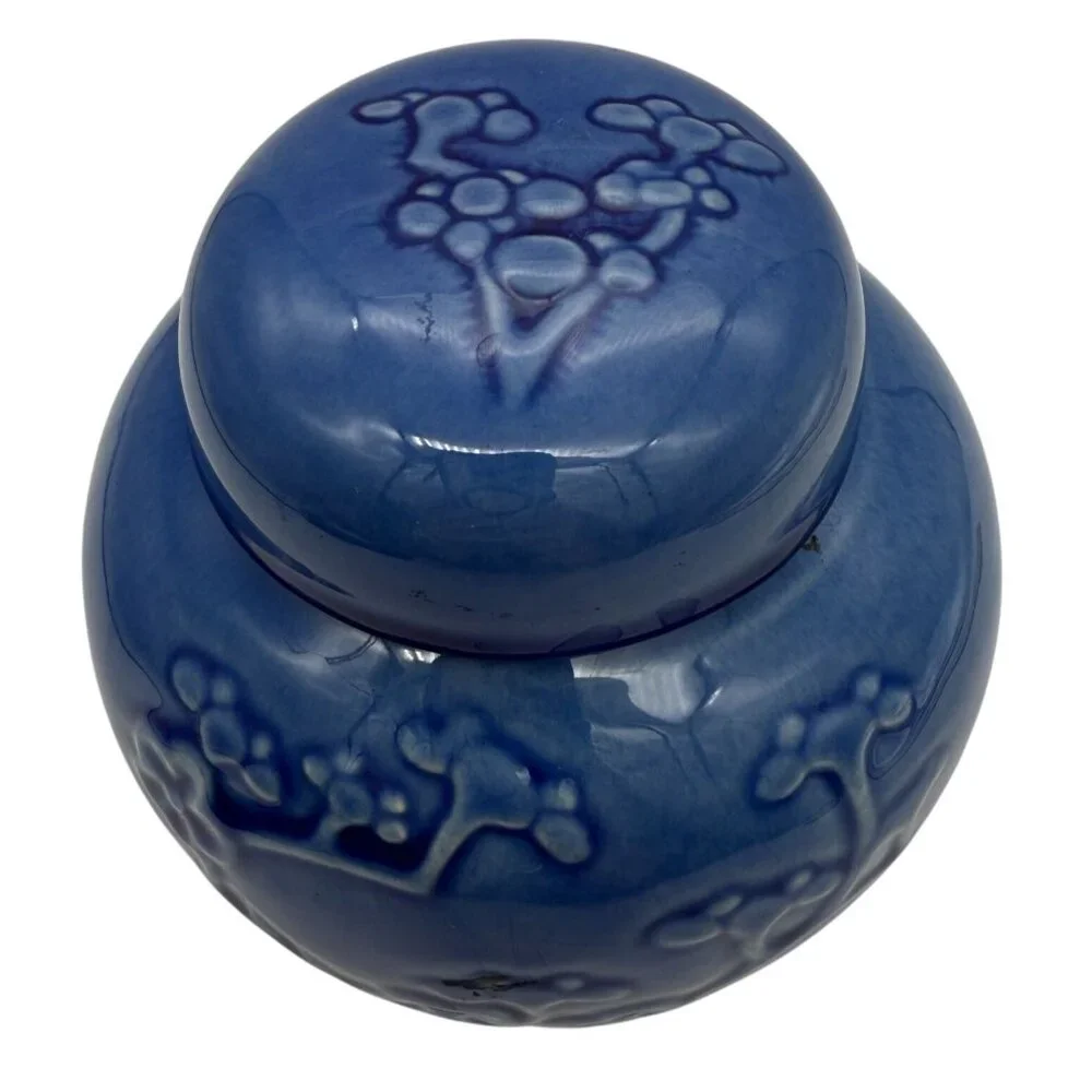 Metlox Blue Cherry Blossom Ginger Jar w/ Lid Floral Embossed California Pottery